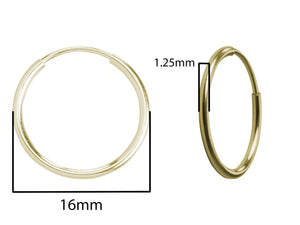 16mm Gold Hoop Earrings 14ct Gold Bonded Endless Hoop Earrings 14ct Gold x PAIR